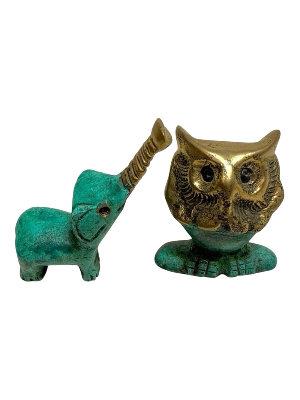 VTG Brass Patina Owl & Elephant Figurine Set - Mid Century Decor